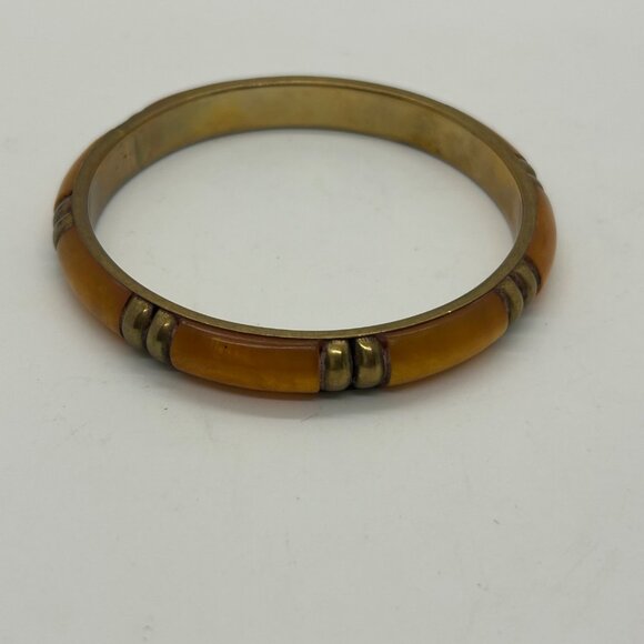 Vintage Brass & Amber-Colored Acrylic Bangle Bracelet 8 Inch Boheium - Picture 5 of 8